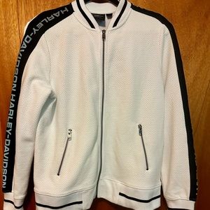 Ladies H-D jacket, white/black trim, reflective lettering on sleeves